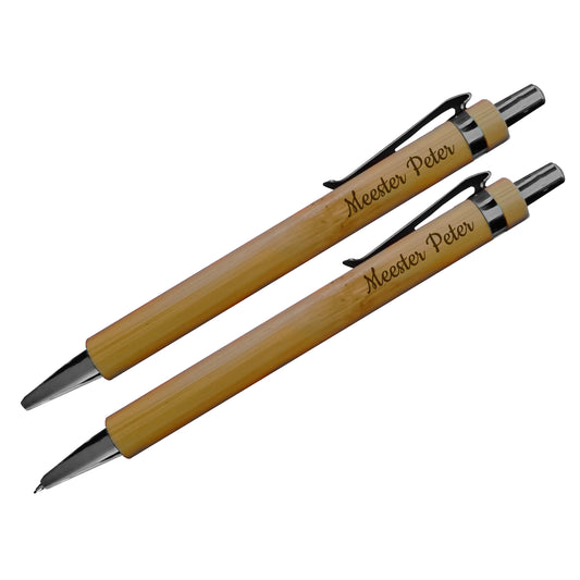 Bamboe set: pen + potlood - Juf/Meester